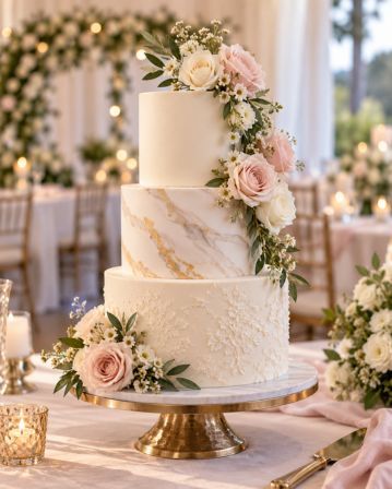 A white tiered cake on a dark pedestal stand, photographed outdoors.