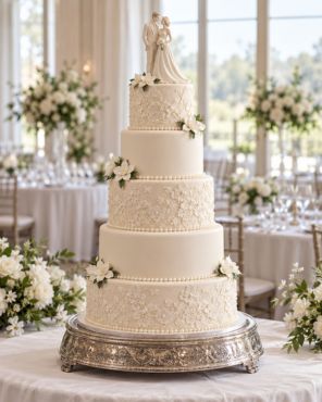 A white tiered wedding cake.