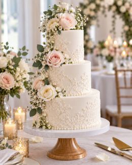 A white tiered cake on a dark pedestal stand, photographed outdoors.