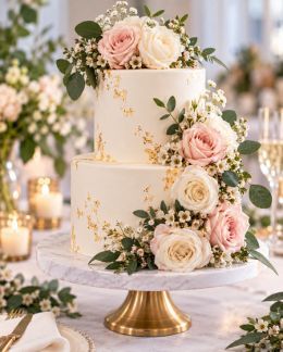 A tiered cake dressed with fresh pink flowers beside two champagne glasses.