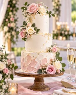 A three tier white wedding cake finished with fresh strawberries, flowers and greenery.