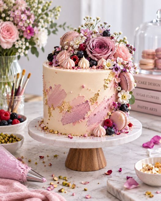 A tiered cake dressed with fresh pink flowers beside two champagne glasses.